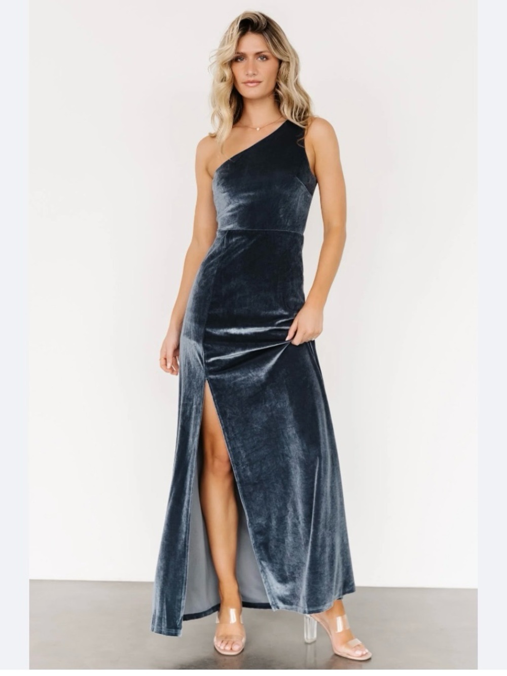 Baltic Born One-Shoulder Velvet Maxi Dress in Charcoal Blue